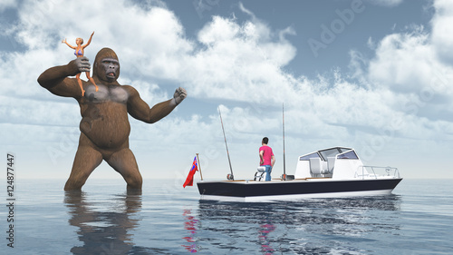 Photography Giant gorilla and woman in his hand
