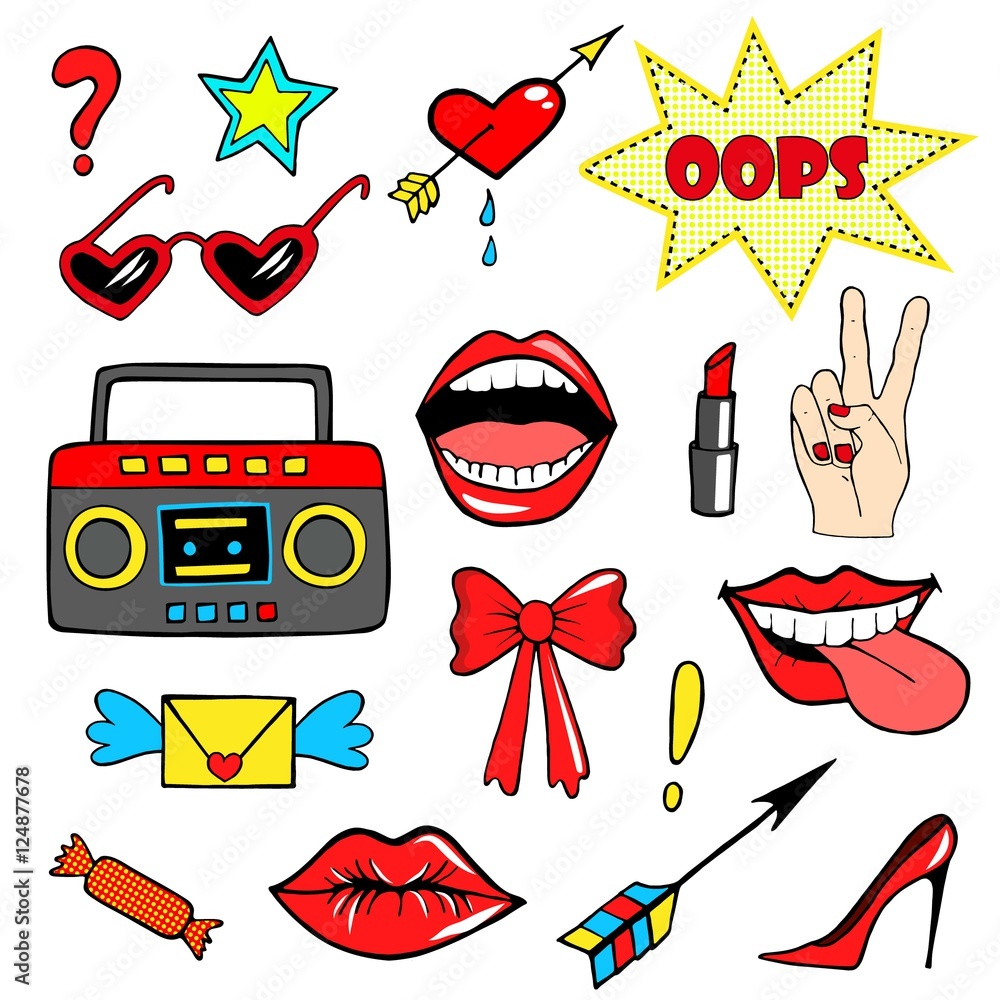 Cute fashion patch badges with lips, hand,tape recorder, shoes, glasses,  heart and other elements. Trendy, modern design. Set of doodle stickers,  pins, in cartoon 80s-90s comic style. Stock Vector | Adobe Stock