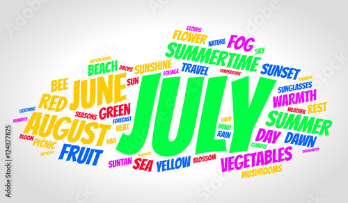 July word cloud on gradient gray background. Seasons concept. Vector.