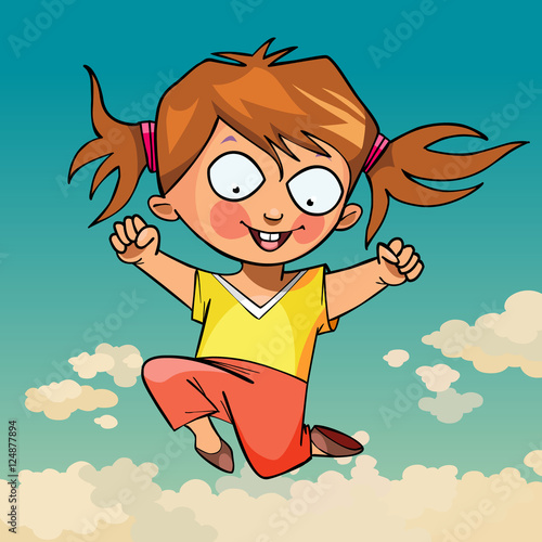 cartoon funny little girl joyfully jumping