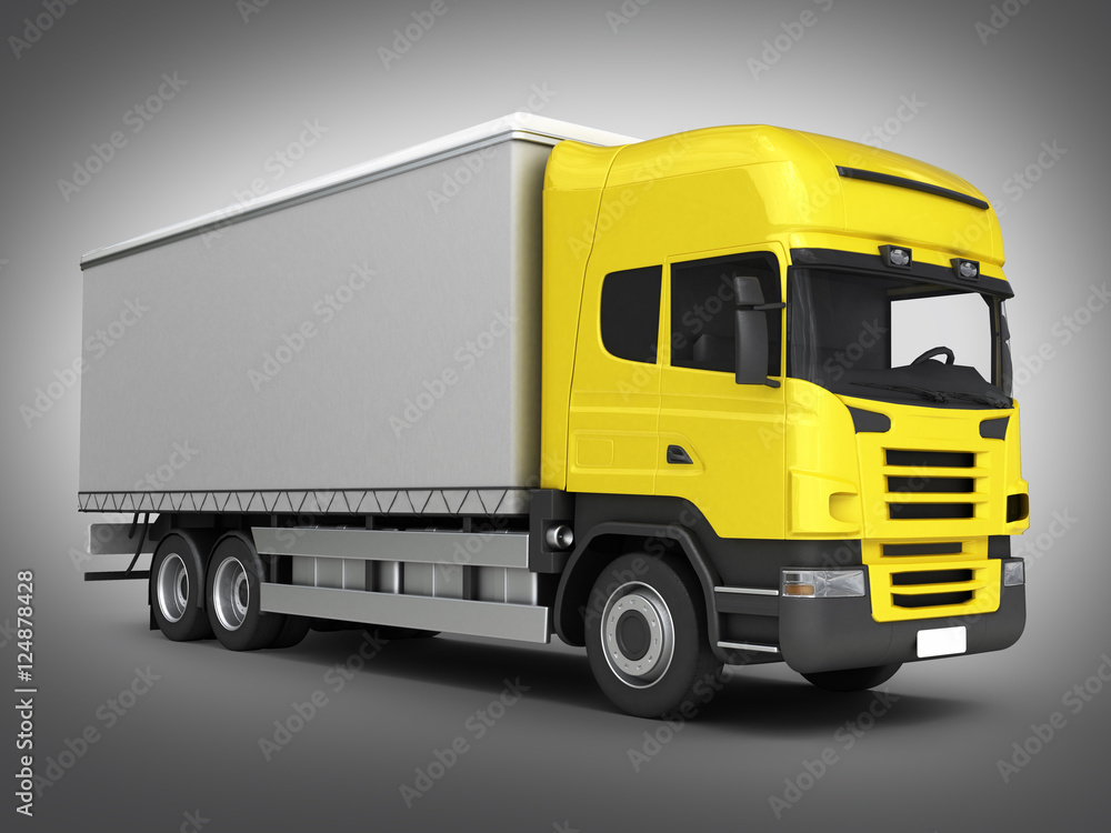 Yellow delivery truck on grey gradient background 3D Yellow delivery truck on grey gradient background 3D