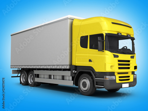 Yellow delivery truck on blue gradient background 3D