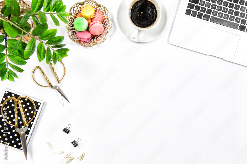 Office desk coffee, cookies, laptop computer Flat lay Office desk coffee, cookies, laptop computer Flat lay
