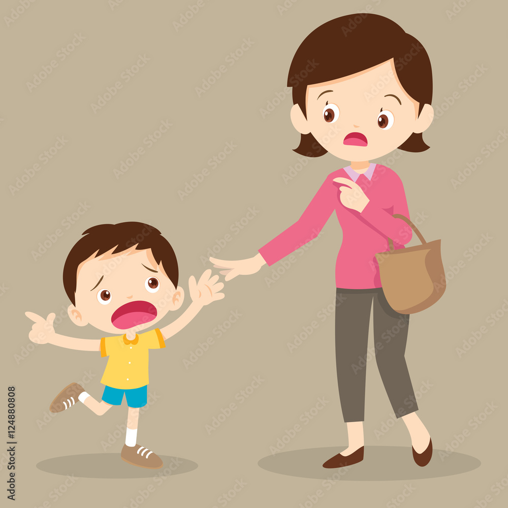 Frightened Boy Pulling His Mother's Hand While Pointing at Something.children want to buy something. Frightened Boy Pulling His Mother's Hand While Pointing at Something.children want to buy something.