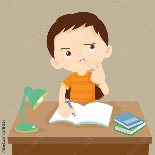 Cute boy writing and thinking. Vector illustration of a little boy writing at his desk.Caucasian student boy at his desk writing for homework.