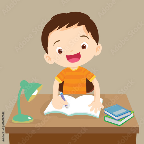 Cute boy writing and thinking be happy. Vector illustration of a little boy writing at his desk.Caucasian student boy at his desk writing for homework.