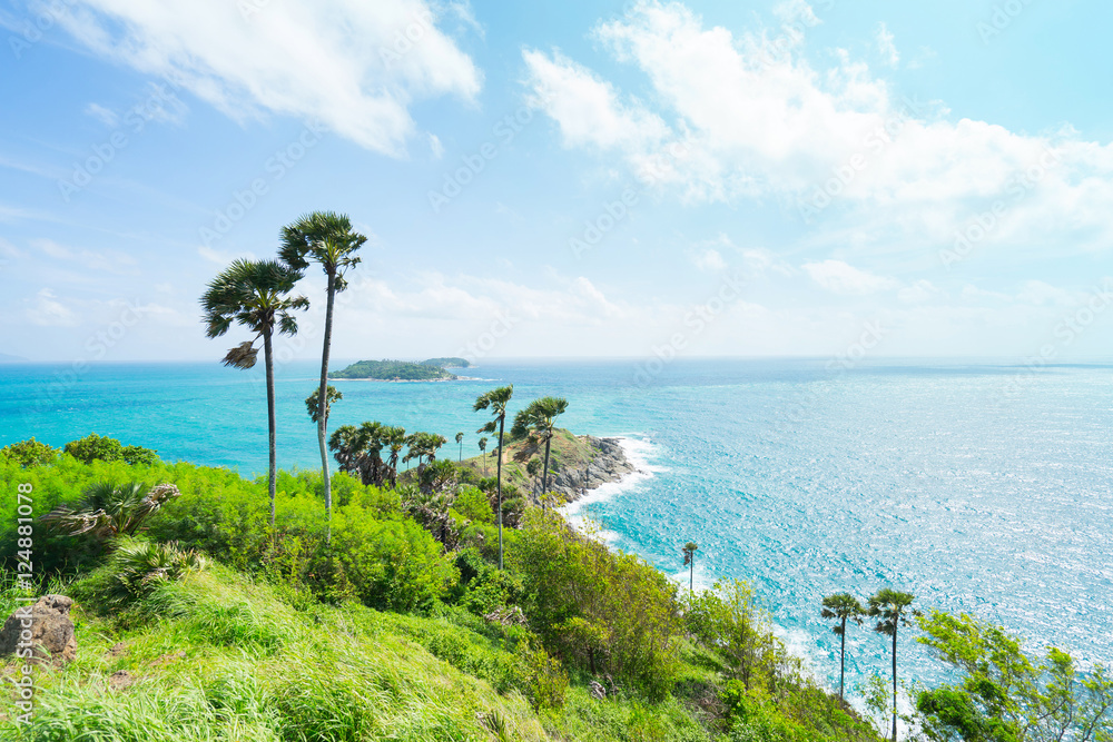 Fototapeta premium Phromthep Cape, beautiful Andaman sea view in Phuket island, Thailand. Blue sky and turquoise color sea.