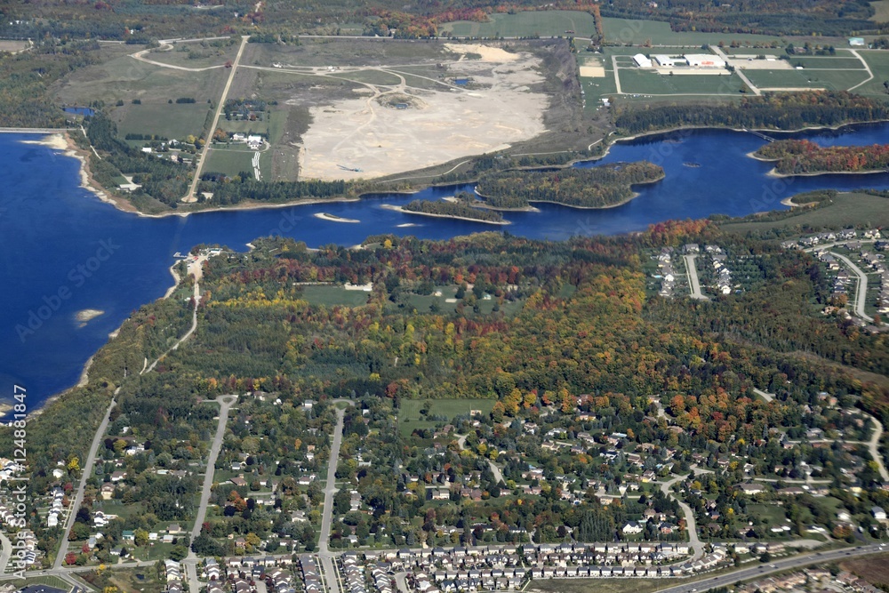Autumn aerial view of neighborhouuds in the town of Orangeville, Ontario Canada