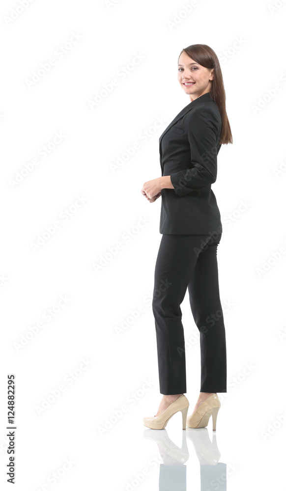Full-length profile of businesswoman looking on camera, isolated Full-length profile of businesswoman looking on camera, isolated