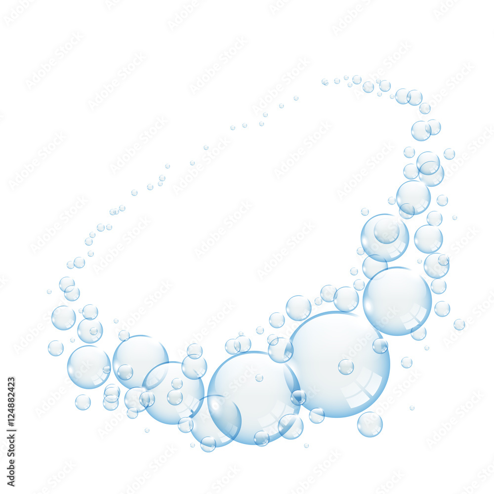 Fotografie Blue transparent bubbles swirl on white background, vector illustration