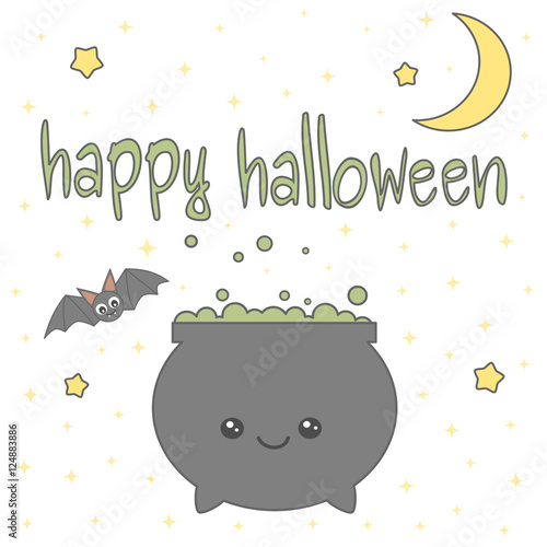 cute cartoon hand drawn happy halloween lettering background card with cauldron and bat