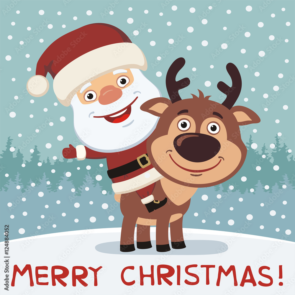 Merry Christmas! Funny Santa Claus riding on reindeer Rudolf. Christmas  card in cartoon style. Stock Vector | Adobe Stock