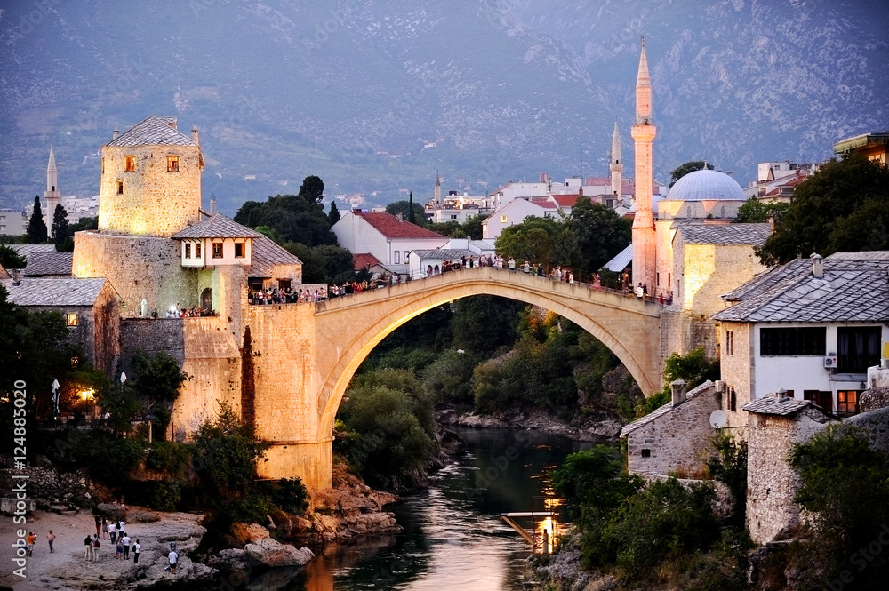 Tourists on the the old bridge of Mostar