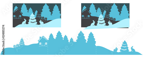 Three-layer Christmas cards with bunny and fir trees. Template for laser cutting.