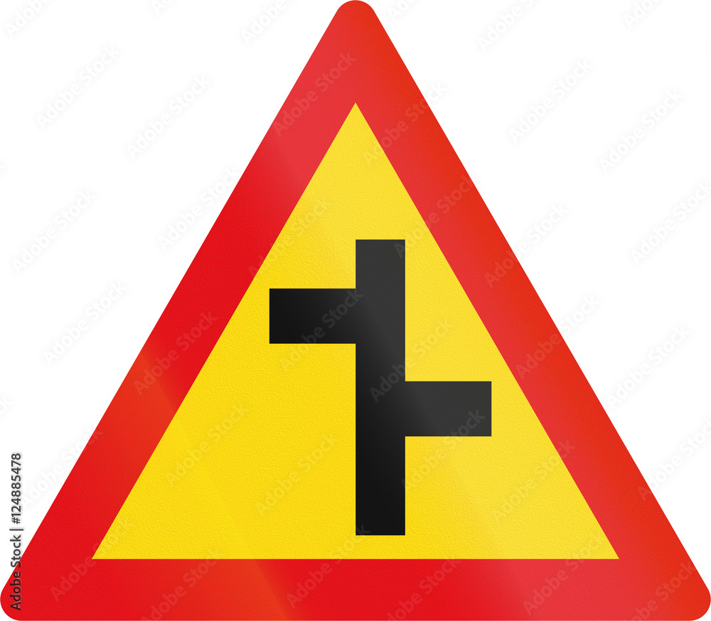 Temporary road sign used in the African country of Botswana - Staggered side road junctions