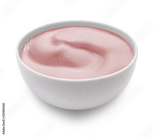 pink yogurt, strawberry taste, in white cup
