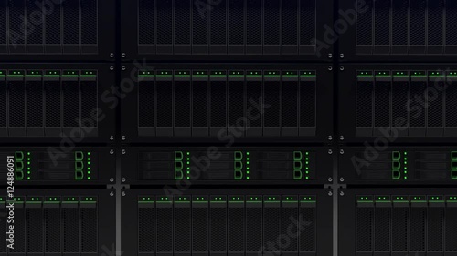 Modern server racks shallow focus dynamic tracking shot. Search concept. Seamless loop able 4K clip