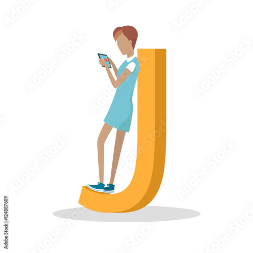 J Letter and Girl Standing and Playing on Tablet
