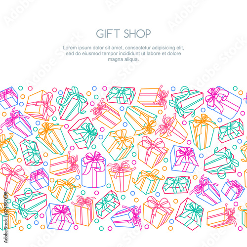 Vector seamless horizontal border background with multicolor outline gift boxes and ribbons. Design concept for holiday background, greeting card or gift shop.