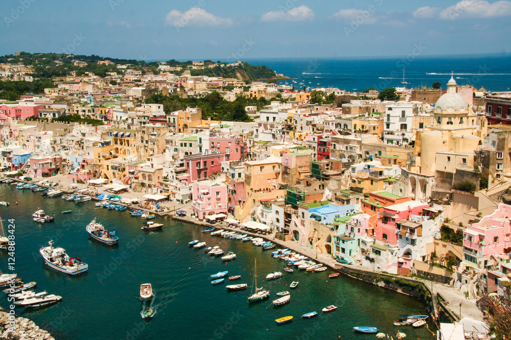 The charming port of Corricella with its colorful fishermen  houses, island of Procida, Naples, Italy