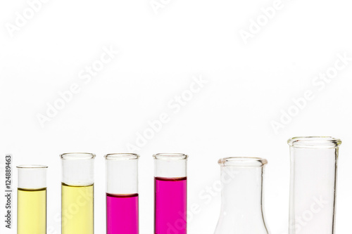 Close up of Test tubes with liquids isolated on white