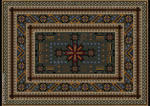 Luxury ethnic carpet with oriental vintage stylized ornament in dirty green and yellow colors
