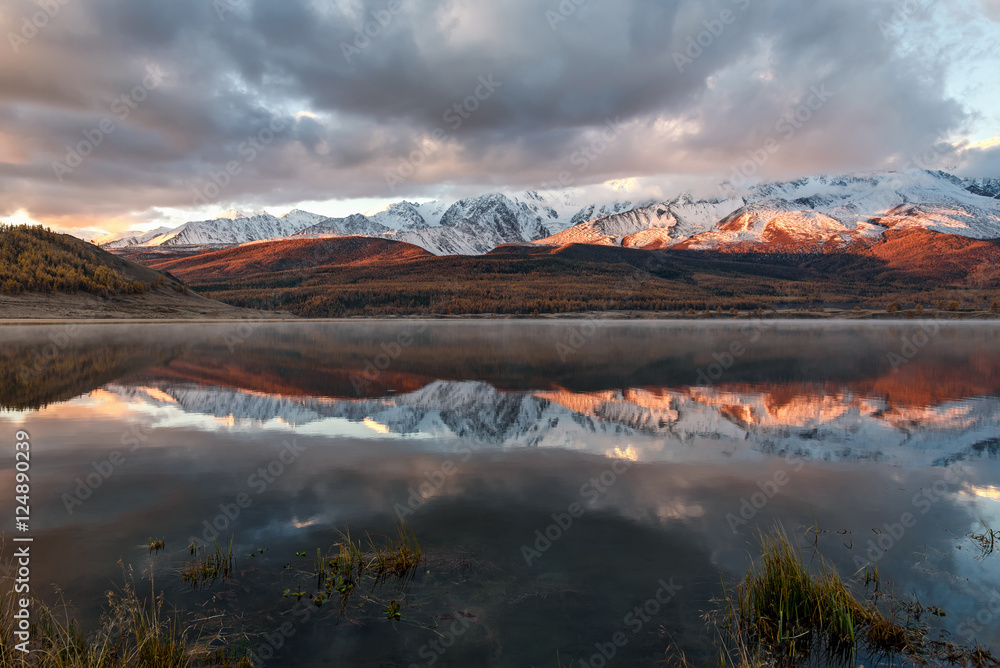 lake mountains reflection snow sunrise