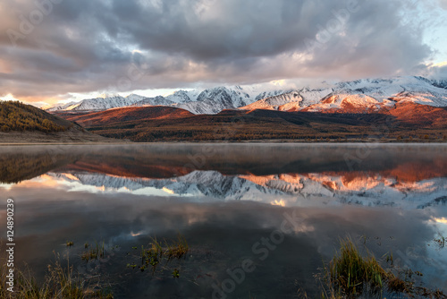 lake mountains reflection snow sunrise