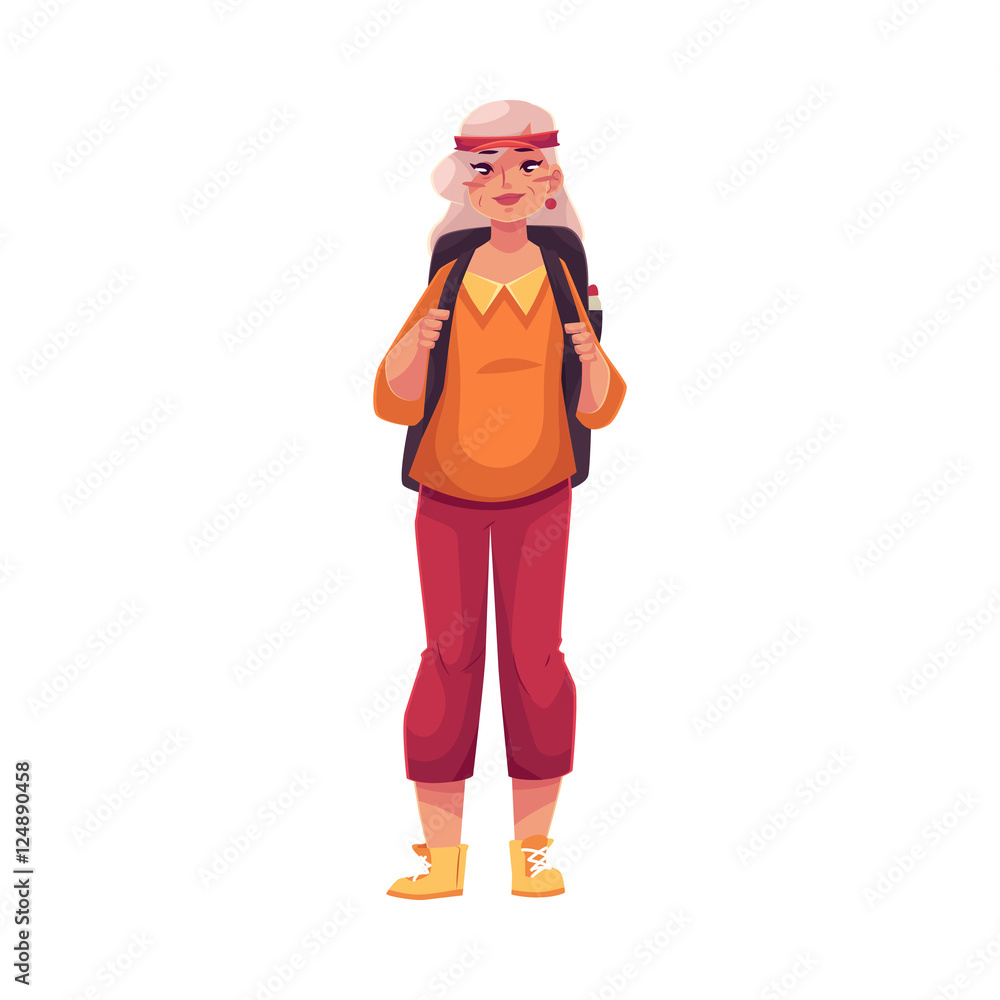 Senior, old grey-haired woman travelling with a backpack, cartoon vector illustration isolated on white background. Full height portrait of elder hippie woman wearing hair band and knickers Senior, old grey-haired woman travelling with a backpack, cartoon vector illustration isolated on white background. Full height portrait of elder hippie woman wearing hair band and knickers