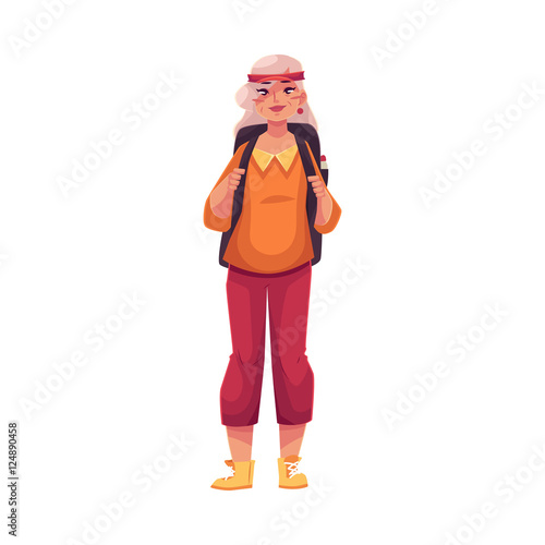 Senior, old grey-haired woman travelling with a backpack, cartoon vector illustration isolated on white background. Full height portrait of elder hippie woman wearing hair band and knickers