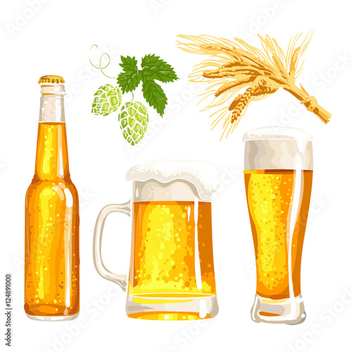 Set of cold beer bottle, mug and glass, malt and hop, vector illustrations isolated on white background. Hand drawn beer glass, mug and bottle, branch of hops and ears of barley, Oktoberfest