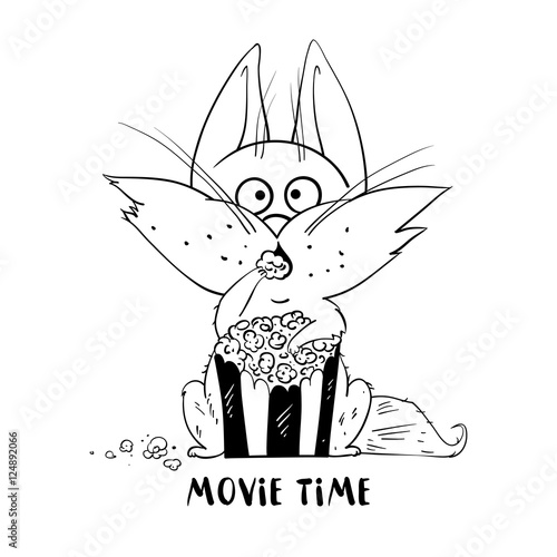 Funny cat eat popcorn and watching a movie.
