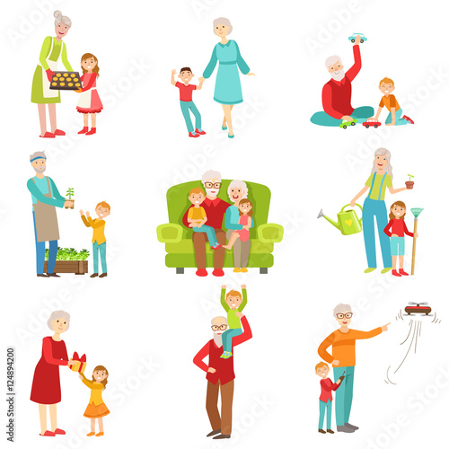 Grandparents And Kids Having Fun Together Set Of Illustrations