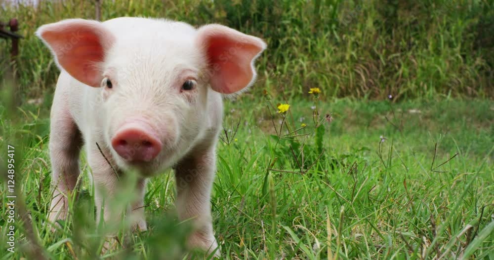 pig cute newborn standing on a grass lawn. concept of biological , animal health , friendship , love of nature . vegan and vegetarian style . respect for nature . pig cute newborn standing on a grass lawn. concept of biological , animal health , friendship , love of nature . vegan and vegetarian style . respect for nature .