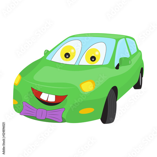 Smiley faced cartoon car with a bow
