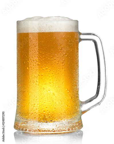cold mug of beer with foam isolated on white background