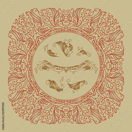 The circular pattern with dry leaves, inscribed in a square shape. Large forms
leaves and small curls. Frame in a classic style.