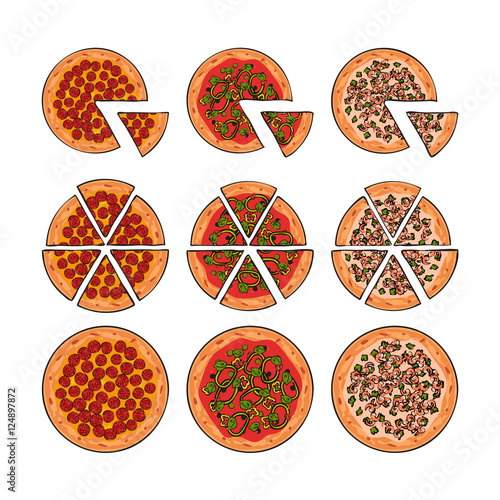 Three types of pizza, whole and sliced into pieces, sketch style vector illustration isolated on white background. Traditional Italian pizza with sausages, shrimps and tomato souce