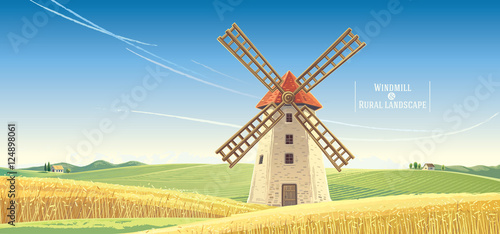 Rural landscape with windmill, vector illustration.