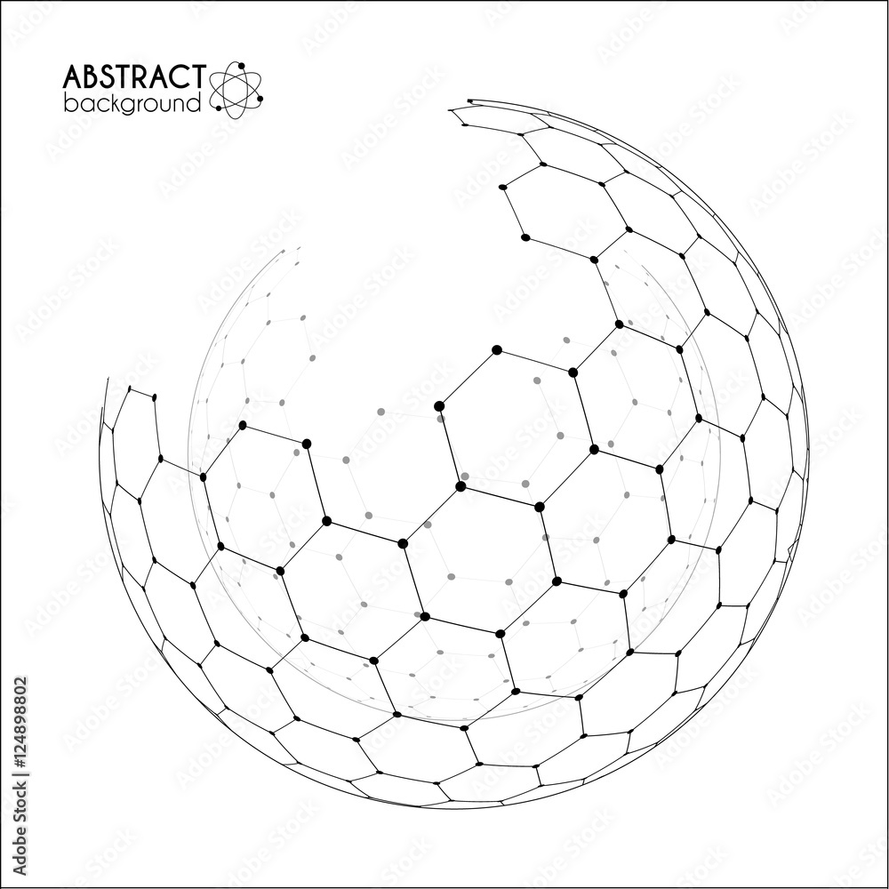 Physics and chemical science concept with hexagonal grid vector spheres Physics and chemical science concept with hexagonal grid vector spheres