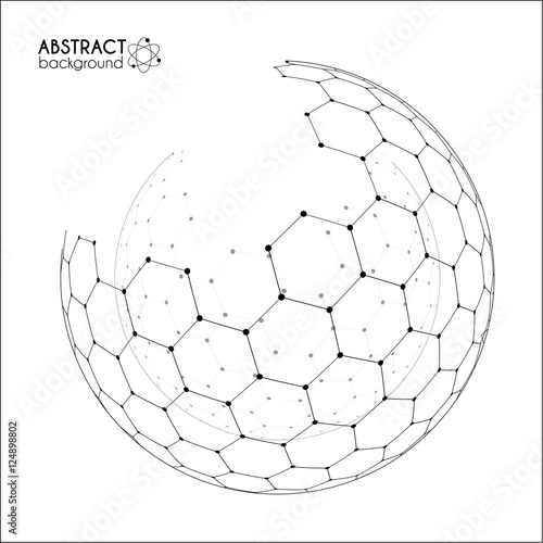 Physics and chemical science concept with hexagonal grid vector spheres