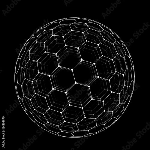 Vector hexagonal grid buckyball sphere isolated on black background