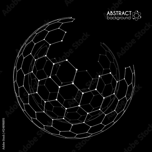 Vector hexagonal grid broken sphere isolated on black