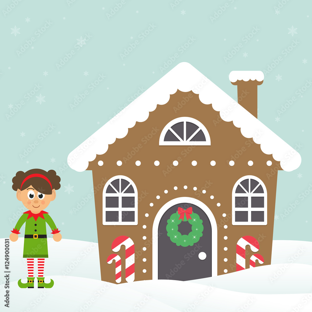 christmas house with cartoon christmas elf girl Stock Vector Adobe Stock