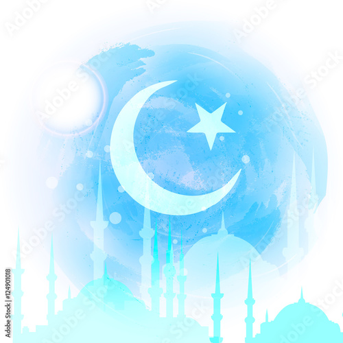 Silhouette of mosque with minarets on watercolor background. Concept for Islamic Muslim holiday for celebration holy month of Ramadan Kareem. Greeting card for Ramadan Kareem