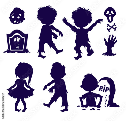 Vector set of silhouettes halloween element icons. Zombie children in the cemetery.