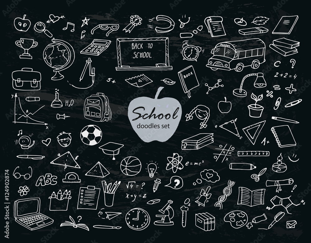 Hand-drawn doodles school set with different school objects on the black background. Line art illustration with study equipment, school bus, marks, drawings, computer, globe, books etc. Hand-drawn doodles school set with different school objects on the black background. Line art illustration with study equipment, school bus, marks, drawings, computer, globe, books etc.