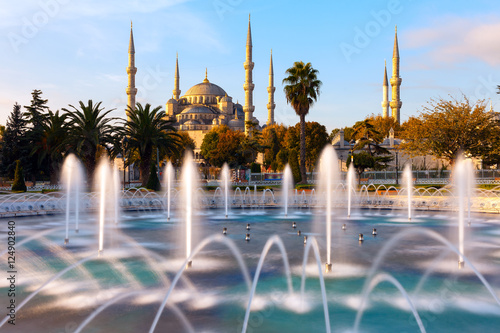 Illuminated Sultan Ahmed Mosque (Blue Mosque), Istanbul, Turkey.