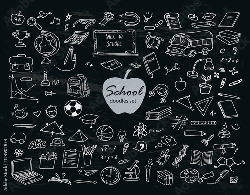 Hand-drawn doodles school set with different school objects on the black background. Line art illustration with study equipment, school bus, marks, drawings, computer, globe, books etc.