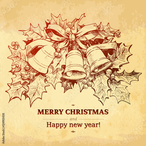 Christmas and New year holidays vector hand drawn illustration on paper background.
